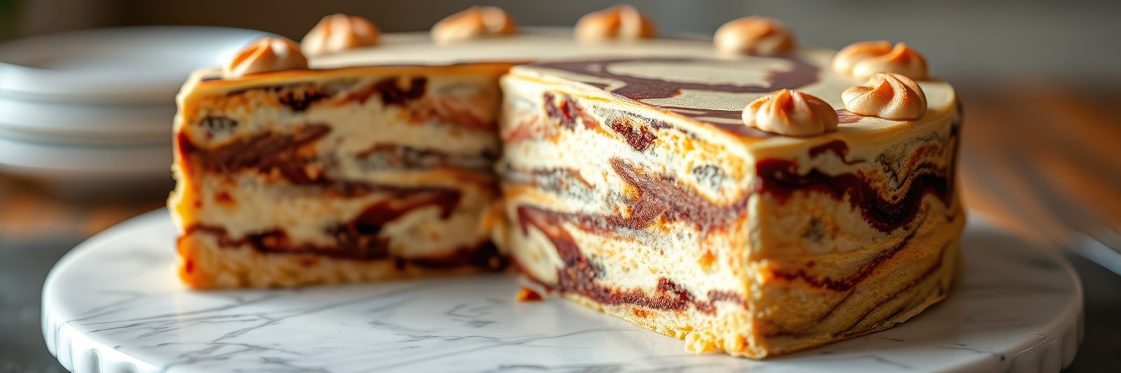 Delicious layered cake with rich chocolate and cream filling displayed on a marble serving platter